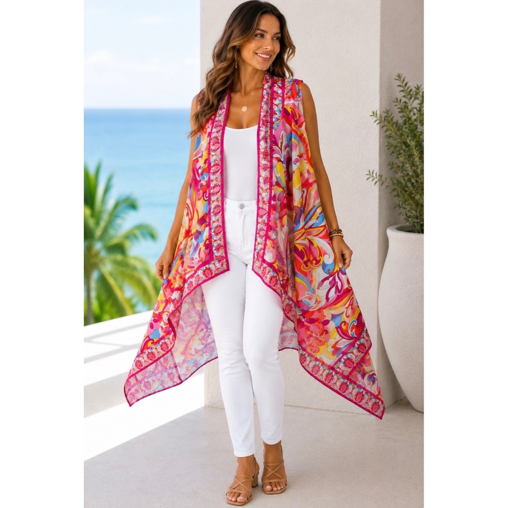Boston Proper Multi Color Abstract Print Open Front Kimono Wrap OS